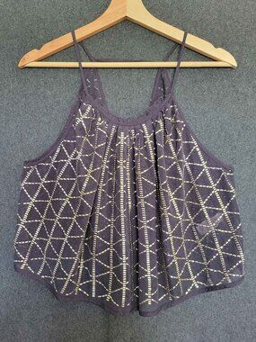 Free People Atlantis Grey Sheer Mesh Gold Embellished Cami Tank Halter Swing Top